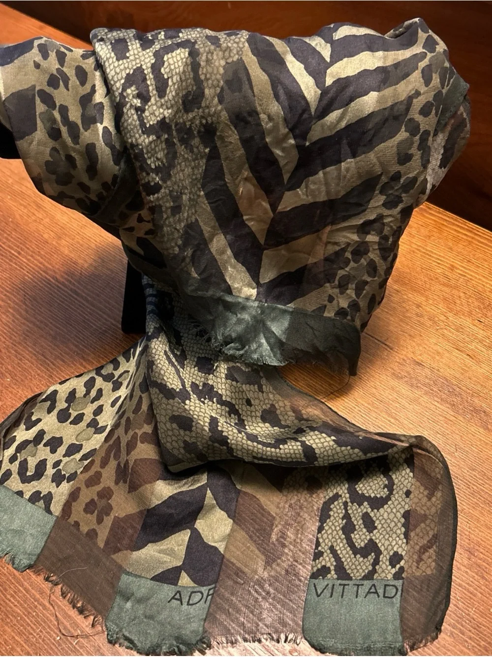 Adrienne Vittadini Black and Olive Animal Print Silk Scarf